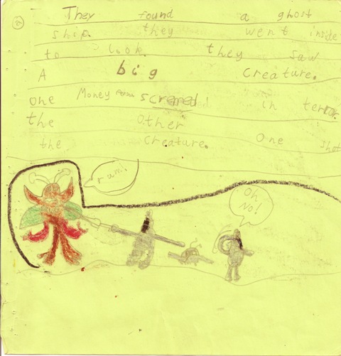 They found a ghost ship. They went inside to look. They saw a big creature. One moneyperson screamed in terror. The other one shot the creature.